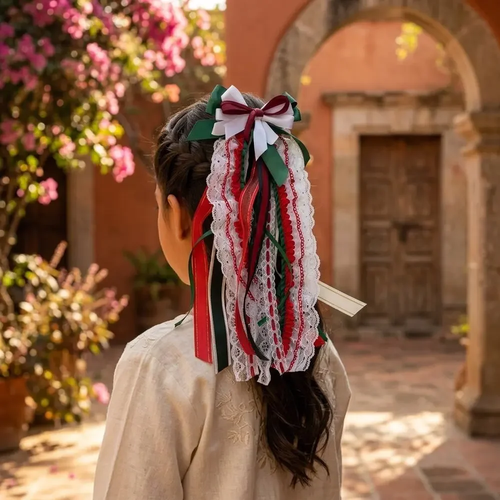 Mexican hair clip tri color lace and ribbon red green and white